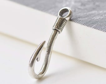 Antique Silver Large Hole Fish Hook Charms Coiled Fishing Pendants  Set of 10 A8550