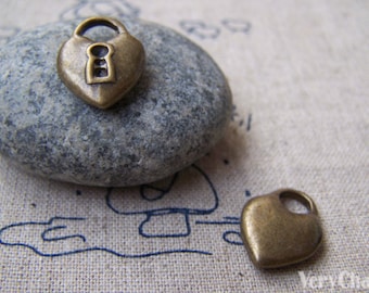 10 pcs of Antique Bronze Heart Lock Charms 13x17.5mm A2081
