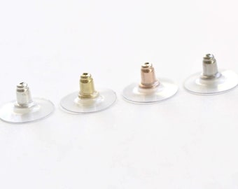 Cierres de silicona para pendientes, tipo disco, de plata de ley 925. Disponibles en plata, oro, oro rosa y platino.