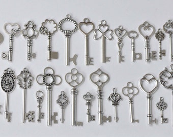 Antique Silver Large Skeleton Key Charms Pendants Collection Mixed Style Set of 25 A8788