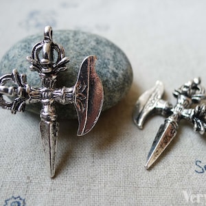 4 pcs Antique Silver Vajra Dorje Cross Axe Knife Buddhism Pendants 24x31mm A5578