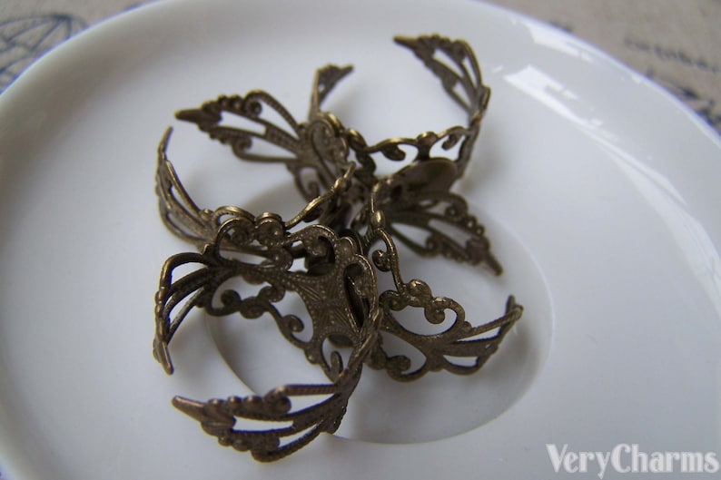 10 pcs Antique Bronze Brass Adjustable Filigree Flower Ring Bases with 8mm Pad A3884