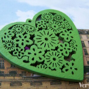 Wood Heart Pendants Cut Out Flower Wooden Charms Assorted Color Set of 10 A3616 image 2