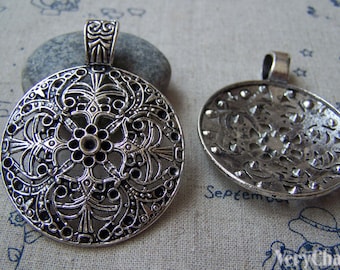 Antique Silver Large Round Pendant Filigree Flower Vintage Design Charms 46x60mm Set of 5 pcs A1833