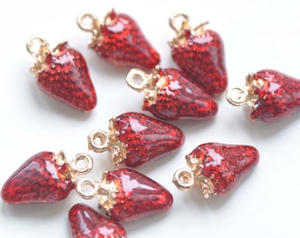 Light Gold Enamel Strawberry Red Pendants Charms 9x12mm
