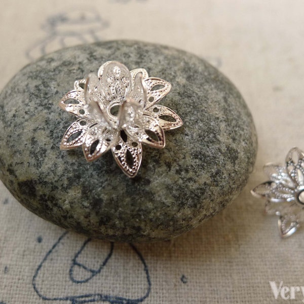 Silver Filigree Lotus Flower Bead Cap Charms 8x16mm Set of 10 pcs A6224