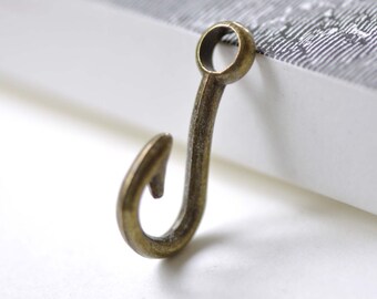 Fish Hook Charms Antique Bronze Unadorned Blank Large Hole Fishing Hook Pendants 15x31mm Set of 10 A8001