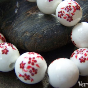 20 pcs Fancy Red Flower Chinese Ceramic Porcelain Beads 12mm  A2733