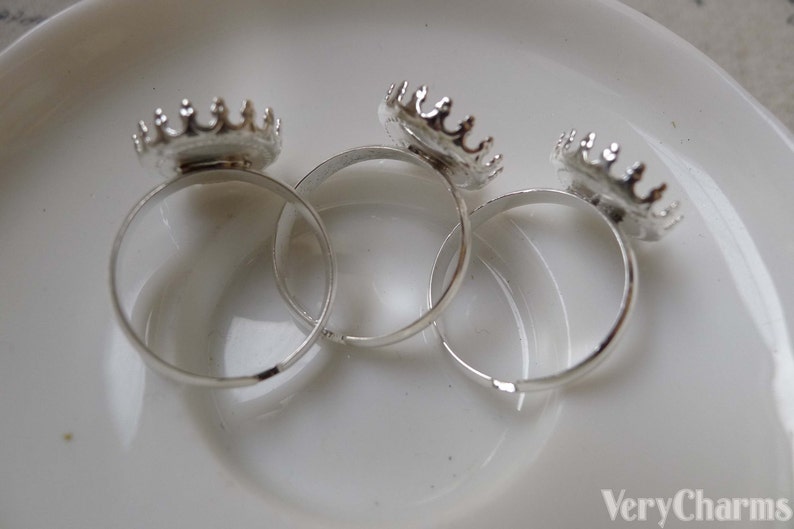 10 pcs Silver Tone Brass Adjustable Ring Blank Shank Base with 12mm Bezel Crown Edge A6064