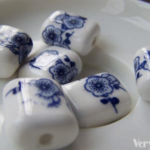 10 pcs Rondelle Rectangular Blue Peony Flower Ceramic Beads 15x18mm A1866