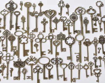 Antique Bronze Large Skeleton Key Charms Pendants Wedding Favor Collection Assorted Mixed Style Set of 69 A8785