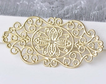 Raw Brass Long Flat Filigree Floral Embellishments Stamping 28x56mm Set of 10 A8533
