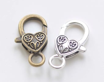 Antiqued Bronze/Silver Heart Lobster Claw Clasps 14x26mm
