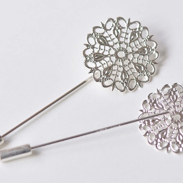 Shiny Silver Stick Lapel Pin Clutch 50mm With 25mm Filigree Pad Set of 10 A4555