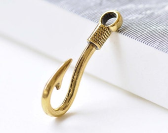 10 pcs Antique Gold Coiled Fish Hook Charms  Large Hole Fishing Hook Pendants  A8521