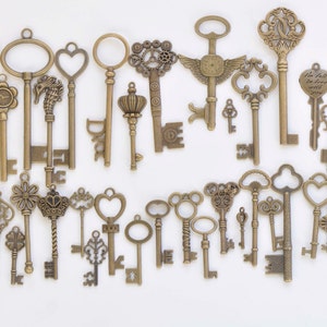 Antique Bronze Skeleton Key Charms Pendants Collection Mixed Style Set of 38  A8546