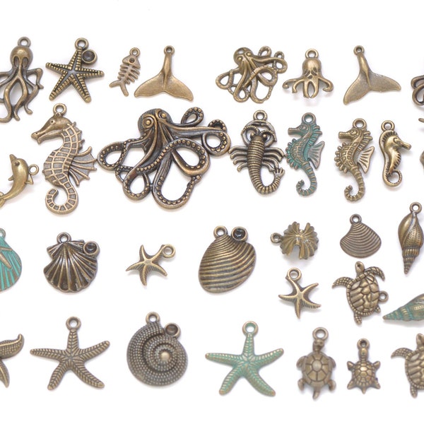 Antique Bronze Ocean Themed Charms Sea Star Horse Octopus Mixed Styles Set of 56