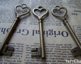 Heart Key Pendants Antique Bronze Skeleton Key Charms Large Size  22x84mm Set of 6 A198