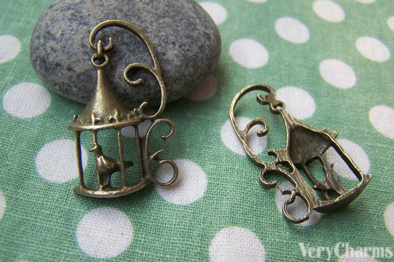 10 pcs of Antique Bronze Filigree Bird Cage Charms 20x34mm A2851