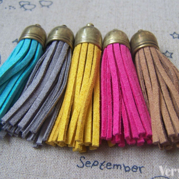 5 pcs of Square Faux Suede Leather Tassel With Brass Bead Caps Mixed Color A4898