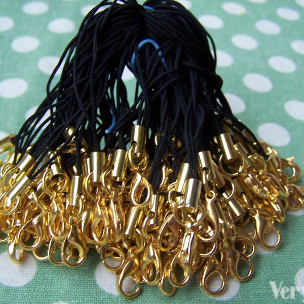 Bulk Black Cell Phone Strap Lariat Lanyard with 10mm Gold Lobster Clasp