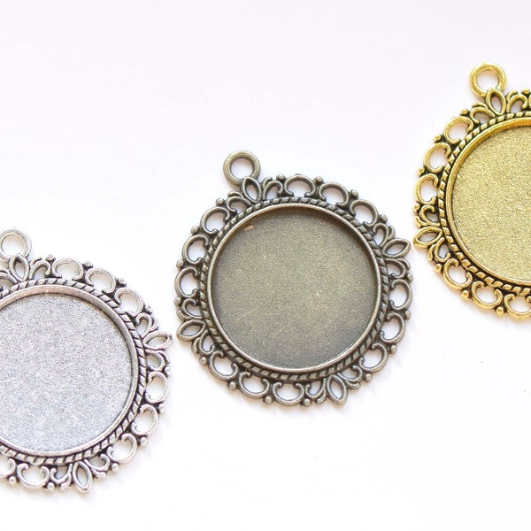 10 pcs Antique Bronze/Silver/Gold Round Pendant Tray Base Settings Match 25mm Cabochon