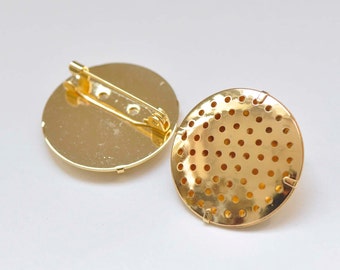 24K Gold Flat Back Brosche Lochloch Siebfassung Blanko Match 25mm/30mm Cabochon 5er Set