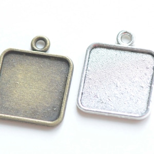 Antique Bronze/Silver Square Cameo Base Setting Pendant Tray Match 15x15mm Cabochon