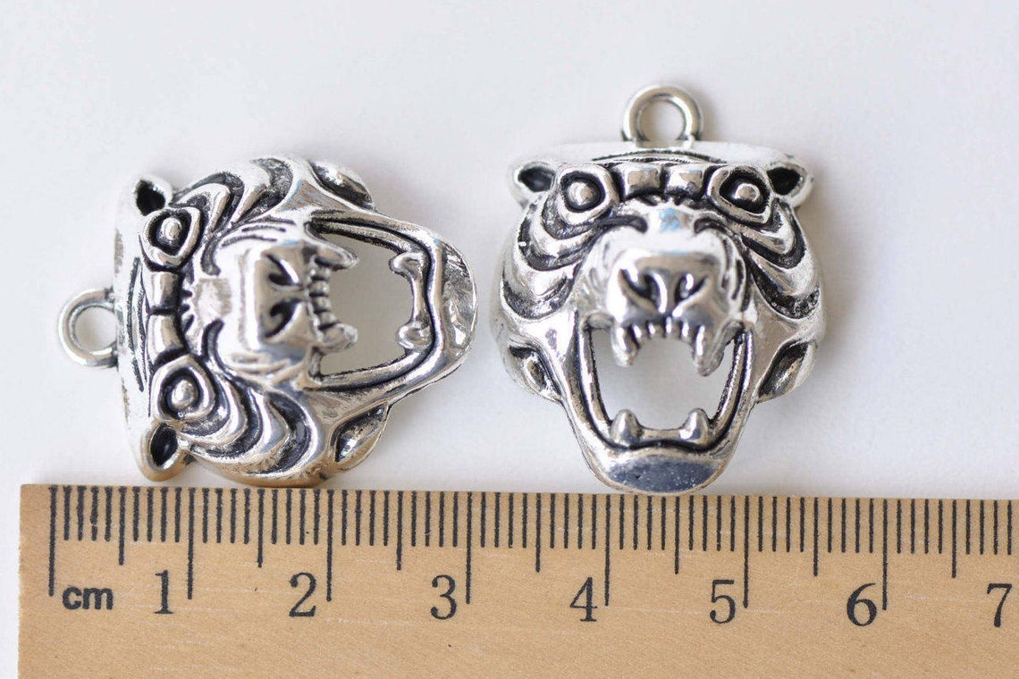 Antique Silver 3D Tiger Head Skull Charm Pendants 24x31mm Set - Etsy