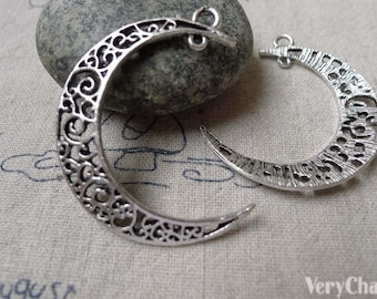 Crescent Moon Pendants Antique Silver Swirly Connectors 32x38mm Set of 10 pcs  A6860