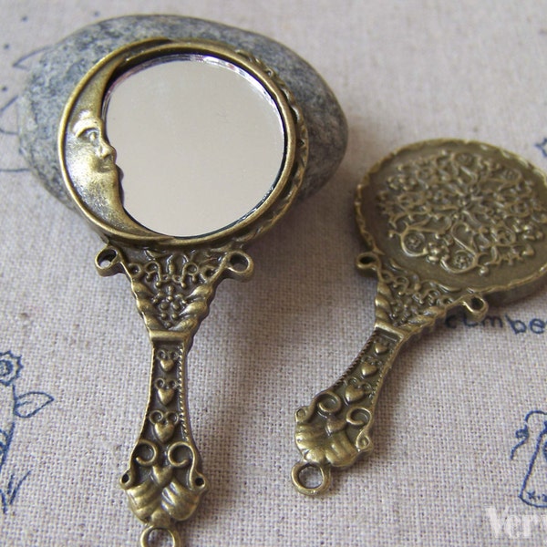 Moon Face Glass Mirror Pendant Antique Bronze Ancient Charms 30x62mm Set of 2 pcs A4245