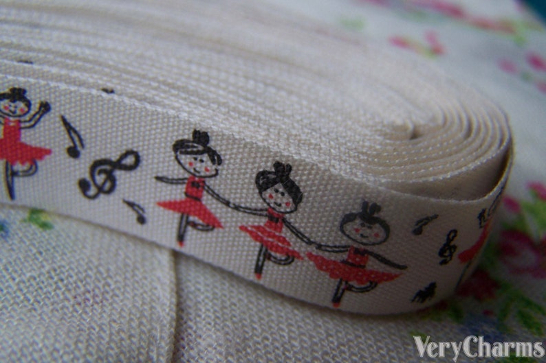 5.46 Yards 5 meters Lovely Ballet Girl Print Cotton Ribbon Label String A2570 image 1