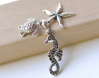 Antique Silver Seahorse Starfish Turtle Ocean Creature Kit Charms Pendants Set of 10 A8262