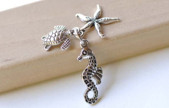 Antique Silver Seahorse Starfish Turtle Ocean Creature Kit Charms Pendants Set of 10 A8262