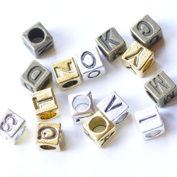 Bulk Antique Bronze/Silver/Gold Alphabet Large Hole Square Initial Letter Beads A-Z  Size 7mm