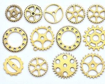 Bulk Gear Charms Collection Antique Gold Wheel Parts Colgantes Mixed Style Set of 100 A1027