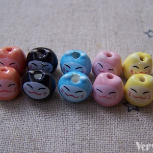 10 pcs Ceramic  Fortune Cats Kitten Pottery Beads  8x9mm Mixed Color A5059