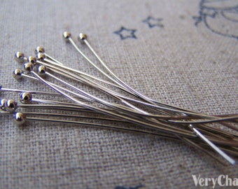 100 pcs of Silvery Gray Nickel Tone Brass Ball End Headpin - 22G - 40mm A3318