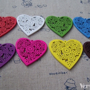 Wood Heart Pendants Cut Out Flower Wooden Charms Assorted Color Set of 10 A3616 image 1