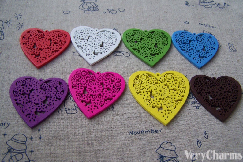 Wood Heart Pendants Cut Out Flower Wooden Charms Assorted Color Set of 10 A3616 image 1