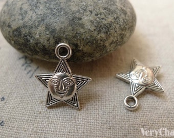 20 pcs of Antique Silver Star Face Charms Pendants 13.5mm Double Sided  A6233