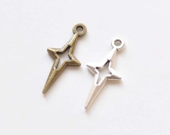Antique Bronze/Silver Cut Out Four Pointed Star Tiny Charms 10x22mm Set of 50