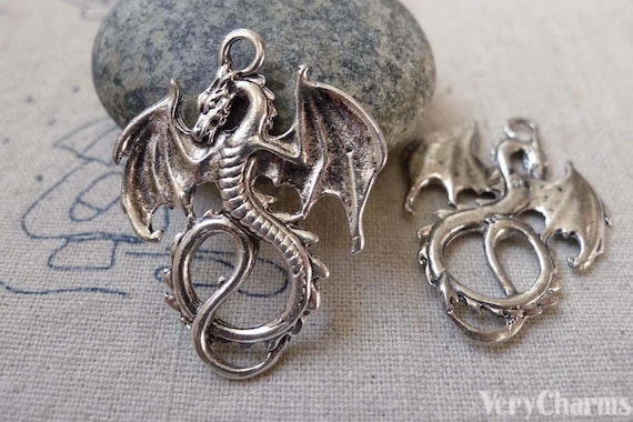 10 pcs of Antique Silver Flying Dragon Charms Pendant  27x34mm  A6311