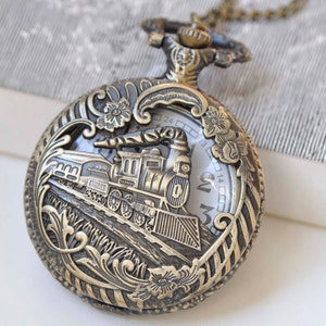 1 PC Antique Bronze Vintage Steampunk Train Large Pocket Watch A574