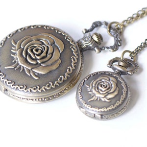 Antique Bronze Rose Flower Cover Small Pocket Watch Set of 1  Size 27mm/47mm