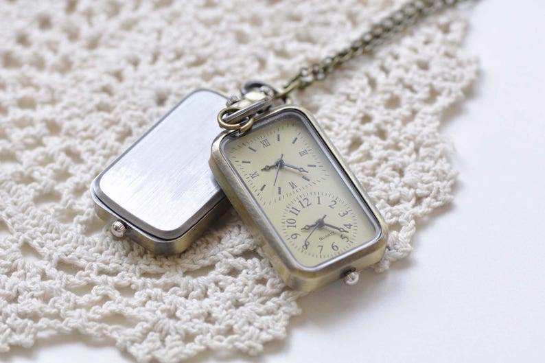 1 PC Time Zone Rectangle Pocket Watch Pendant Gift 27x57mm A8509 image 5