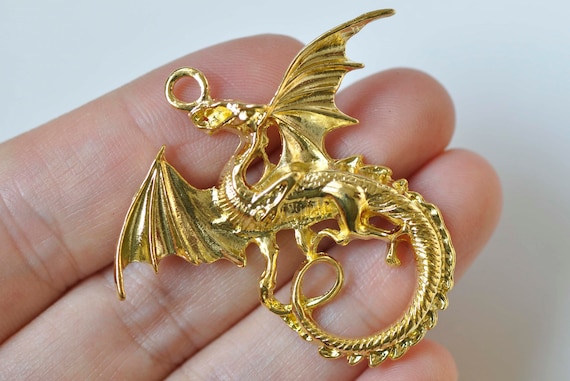 Flying Dragon Charms Shiny Gold Large Pendants 43x47mm Set of 10 A8076