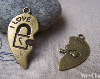 10 sets (20pcs) of Antique Bronze Key And Lock Heart Charms 15x30mm A165