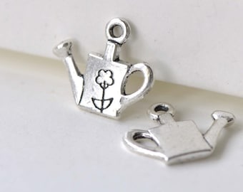 Flower Watering Can Charms Antique Silver Finish 15x18mm Set of 20 A7950