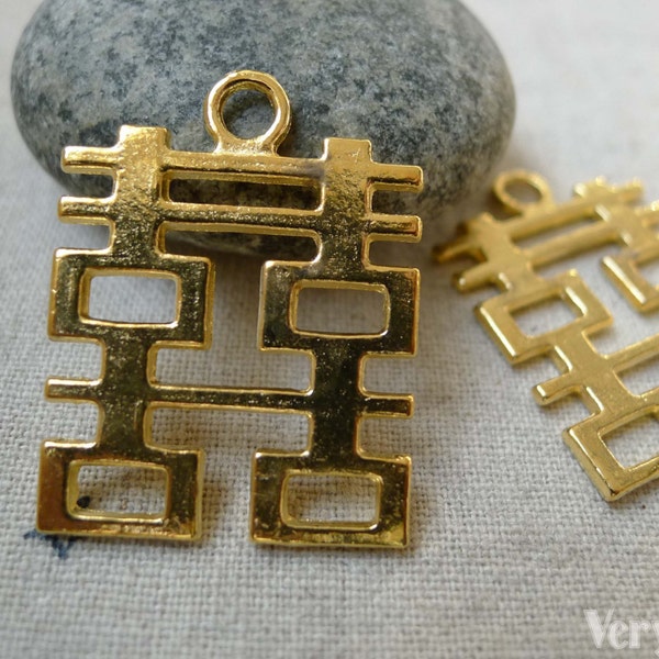 10 pcs Gold Tone Double Happiness Wedding Decoration Charms 24x31mm A6077